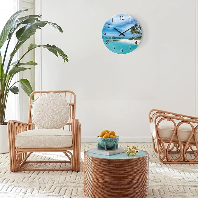 XFM Blue Beach Wall Clock 12 Inch Silent Wall Clocks Battery Operated Coastal Nautical Round Glass Clock Decorative for Bathroom Kitchen Living Room