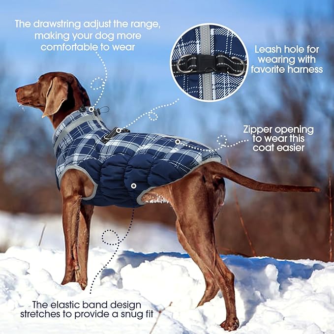 FUAMEY Dog Coat for Large Dogs,Waterproof Dog Winter Jacket with Harness Built in Puppy Cold Weather Coats Reflective Pet Vest with Zipper Warm Fleece Dogs Snowsuit Windproof Blue Plaid L