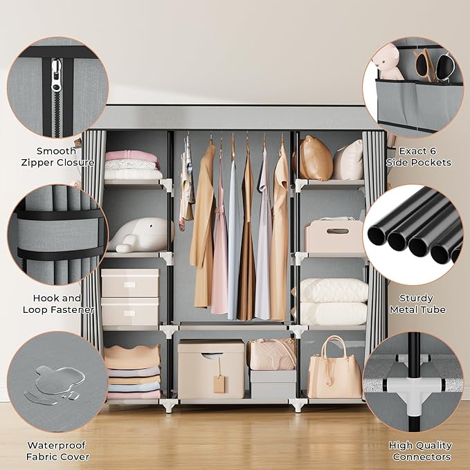 VTRIN Portable Closet Wardrobe for Hanging Clothes 57.3 Inch Large Capacity Clothes Rack with Cover, 10 Storage Organizer Shelves, 1 Hanging Rods and 6 Pockets, Free Standing Closet for Bedroom, Grey