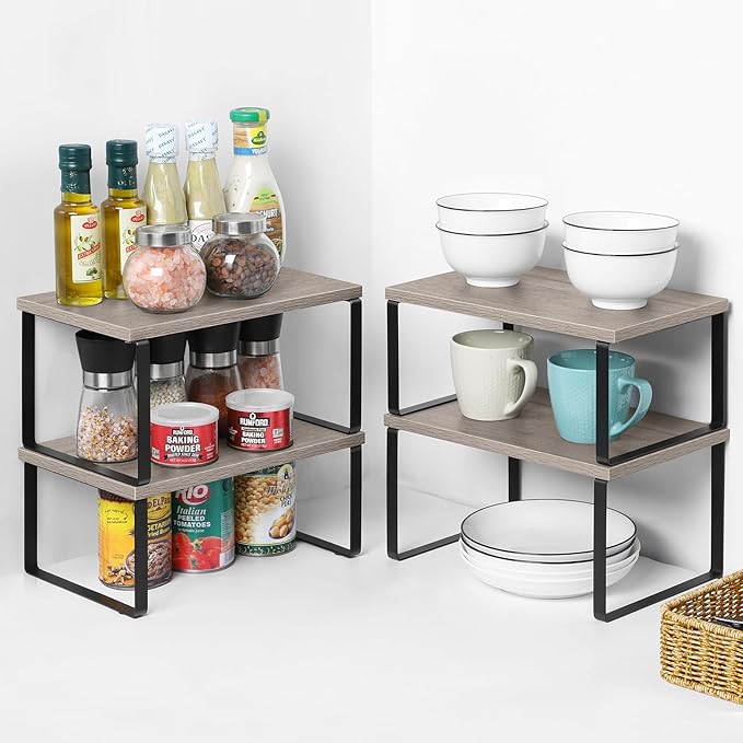 NEX Kitchen Cabinet and Counter Shelf Organizer, Shelf Riser for Pantry Countertop Cupboard Desk Top, Stackable & Expandable, Set of 4, Black and Greige