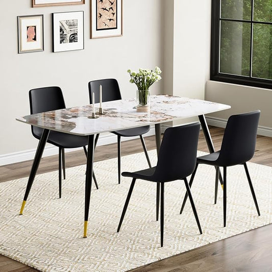 Modern Dining Table Set for 4, 62'' Sintered Stone Table, 4 Chairs, Easy to Assemble