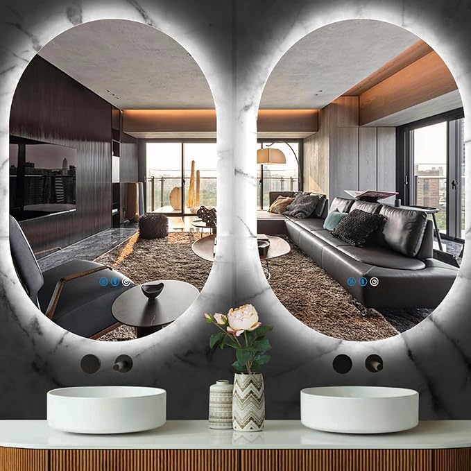 THEKLA LED Oval Backlit Mirror for Bathroom Wall Vertical Horizontal Mount Makeup 16 x 24 inch Frameless Backlight Oval Lighted Vanity Mirror with Lights Smart Memory 3 Color Backlit Dimmable Anti-Fog