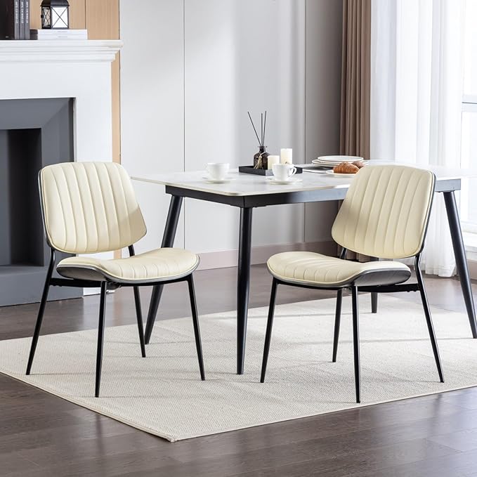 Dining Chairs Set of 6, Mid Century Modern Accent Dining Room and Kitchen Chairs, Upholstered PU Leather Vertical Stripe Chairs for Vanity with Walnut Bentwood and Metal Legs, Beige