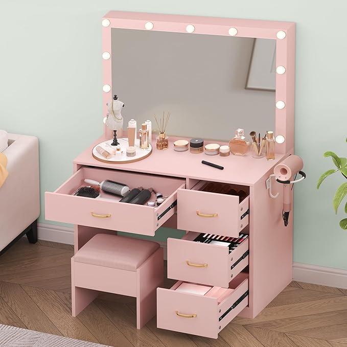 DWVO Vanity Desk with Large Mirror and Lights, Makeup Vanity Set with 11 LED Bulbs and Power Outlet, 4 Storage Drawer, Dressing Table with 3-Color Adjustable Lighting, Vanity Stool, Pale Pink