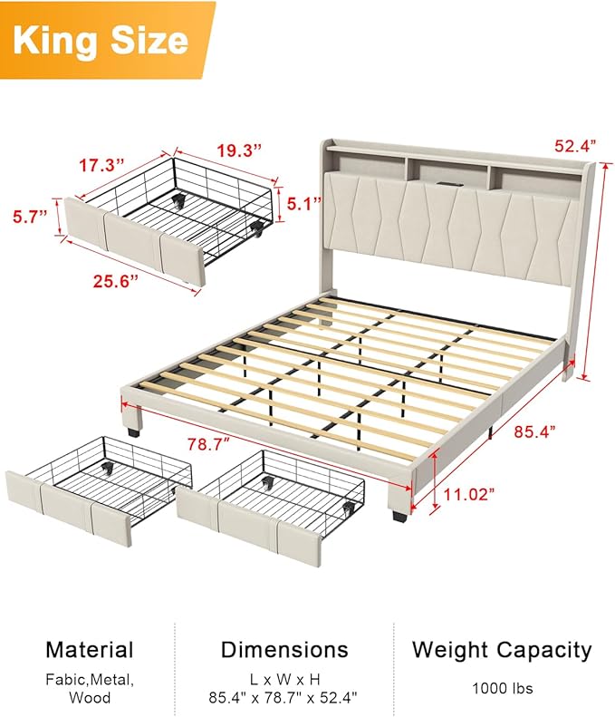 King Size Bed Frame, Velvet Upholstered LED Platform Bed with Headboard Storage, King Bed Frame Built-in Charging Station with 2 Drawers, Wood Slat Support, No Box Spring Needed, Beige