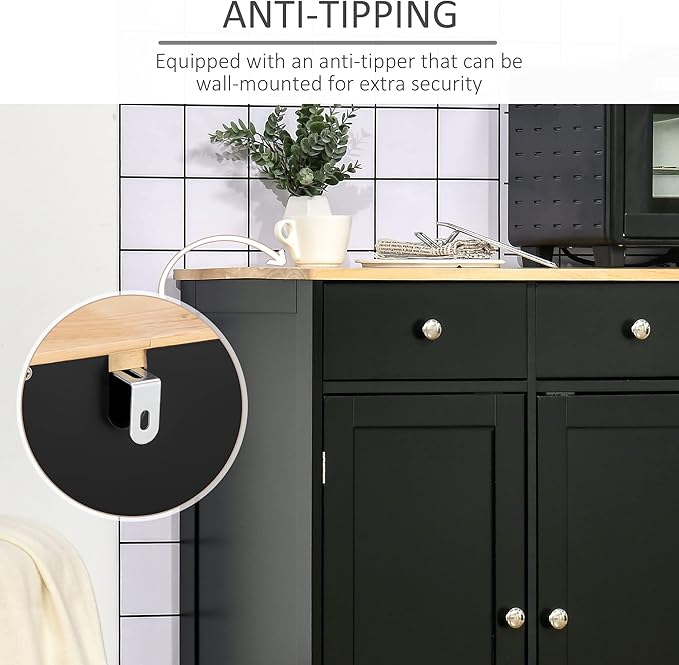 HOMCOM Sideboard with Solid Wood Countertop, Modern Kitchen Storage Cabinet, Coffee Bar Cabinet with 3 Drawers, Doors and Adjustable Shelf, Black