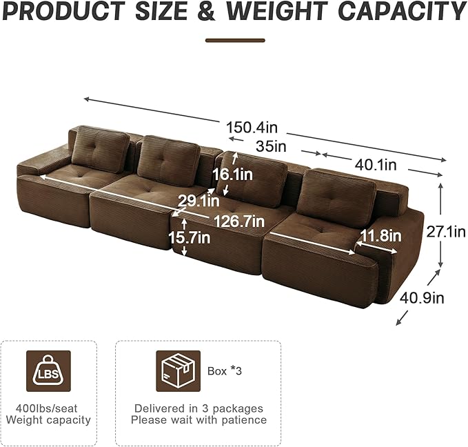 150" Modern Compressed Boneless Couch, 4 Seater Sectional Couches for Living Room, Brown Corduroy Cloud Modular Sectional Sofa, Comfy Memory Foam, Extra Deep, Sofas para Sala, No Assembly