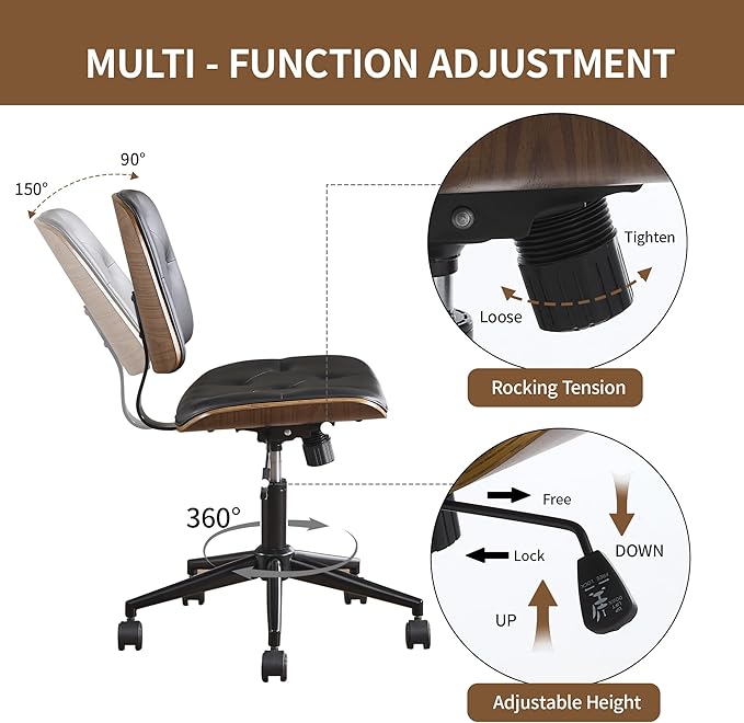 Small Home Office Chair - Armless Mid Back Desk Chair with 360° Swivel and Wheels, PU Upholstered Height Adjustable Modern Walnut Computer Chair for Home, Office Meeting Room - Black