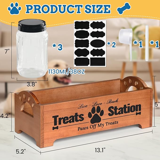 Dog Treat Container Dog Food Container for Dog Food Storage, Farmhouse Cat Food Container Pet Food Storage Organizer, Wood Dog Treat Holder with 3 Plastic Cat Dog Treat Jars, Brown Cat Treat Container