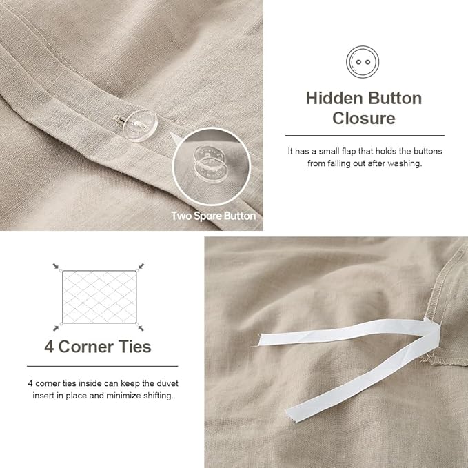 Simple&Opulence French Linen Duvet Cover Set 78" x 86"- 3 Pieces (1 Comforter Cover,2 Pillowcases)- Natural Flax Cotton Blend-Solid Color Breathable Farmhouse Bedding- Khaki, Full