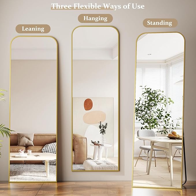 Full Length Mirror 64"x21" Arched Floor Standing Large Mirrors Full Body Mirror with Stand - with Aluminum Frame for Bedroom Living Room, Gold
