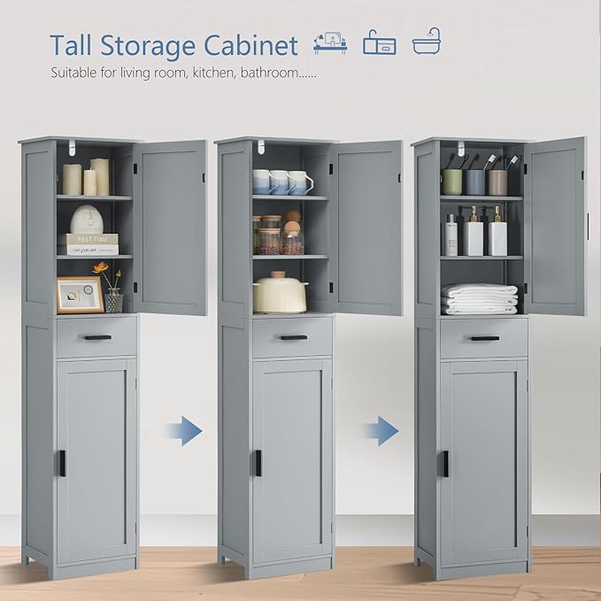 usikey 67“ Tall Bathroom Cabinet, Storage Cabinet with 4 Shelves & 2 Doors, Narrow Storage Cabinet for Bathroom, Living Room, Home Office, Greige