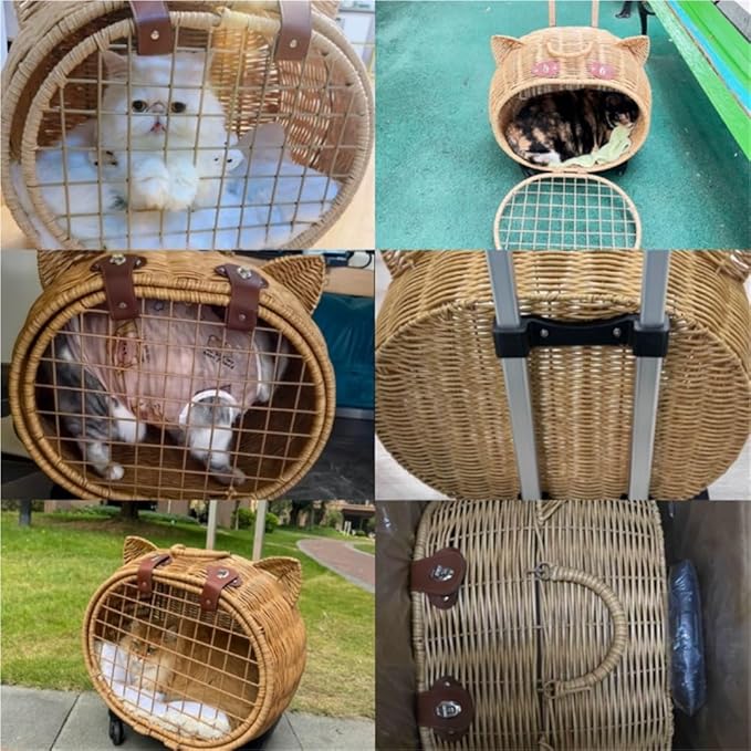 Rattan Cat Stroller with Wheels, Pet Portable Trolley Case, Breathable Cat Cage Trolley for Dog and Rabbit
