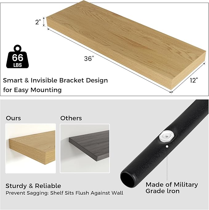 Floating Shelves for Wall, 36 Inch Wide x 12 Inch Deep Floating Shelves, Long Wood Floating Wall Shelf Shelves for Living Room Bathroom Bedroom Kitchen Home - (Oak, 36" W x 12" D x 2" H)
