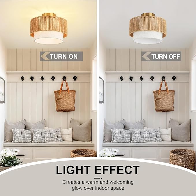 12.6" Drum Flush Mount Ceiling Light Hallway Light Fixtures with Rattan Shade,1-Light Semi Flush Light Fixture Ceiling Mount for Kitchen, Bedroom, Bathroom, Living Room