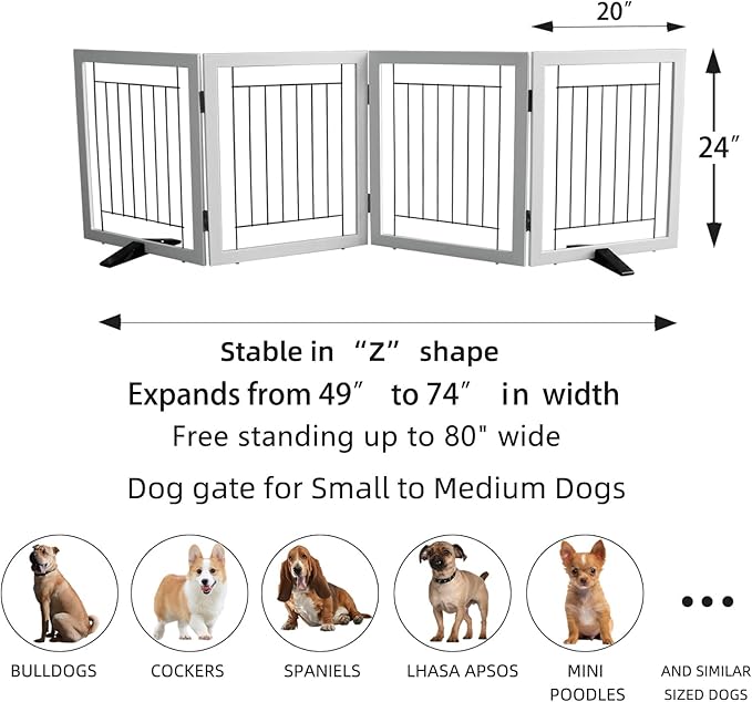 ZJSF Freestanding Dog Gate Indoor, Foldable Dog Fence for Doorways,Hallways or Stairs, Sturdy Wood Extra Wide Pet Gate with Support Feet,White,24 "Height-4 Panels