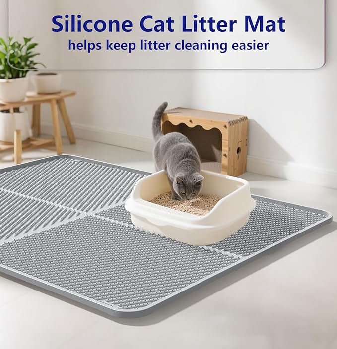 Silicone Cat Litter Mat,Extra Large Litter Trapping Mat,Waterproof,Litter Box Mat for Floor,Easy Clean,Non-Slip Litter Catcher Mat,Cat Supplies Needs 40" x30.5” (Grey, 40x30.5x0.55 in)