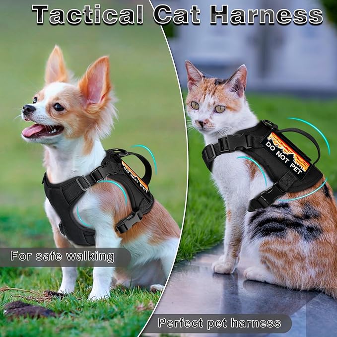 Tactical Cat Harness and Leash Set for Walking, Adjustable Escape Proof Pet Vest for Large Cat,Easy Control Breathable Cat Vest with Handle，Molle Patches (Black, L)