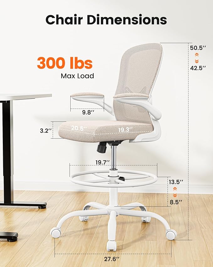 ErGear Drafting Chair,Tall Office Chair with Flip-Up Armrests, High Desk Chair Adjustable Height and Adjustable Footrest Ring, Ergonomic Standing Desk Chair with Lumbar Support, Khaki