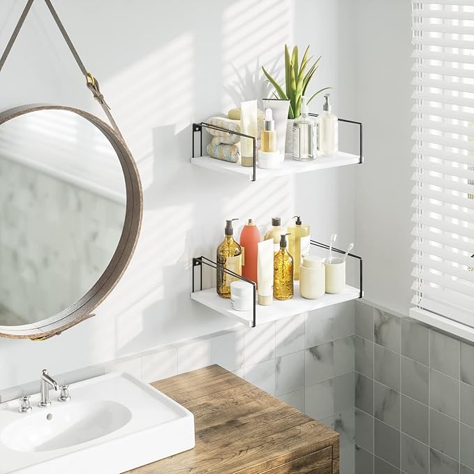 SRIWATANA Wide Floating Shelves, Rustic Wood Wall Shelves Set of 2, Wall Mounted Shelves with Large Capacity for Many Rooms Decor, White