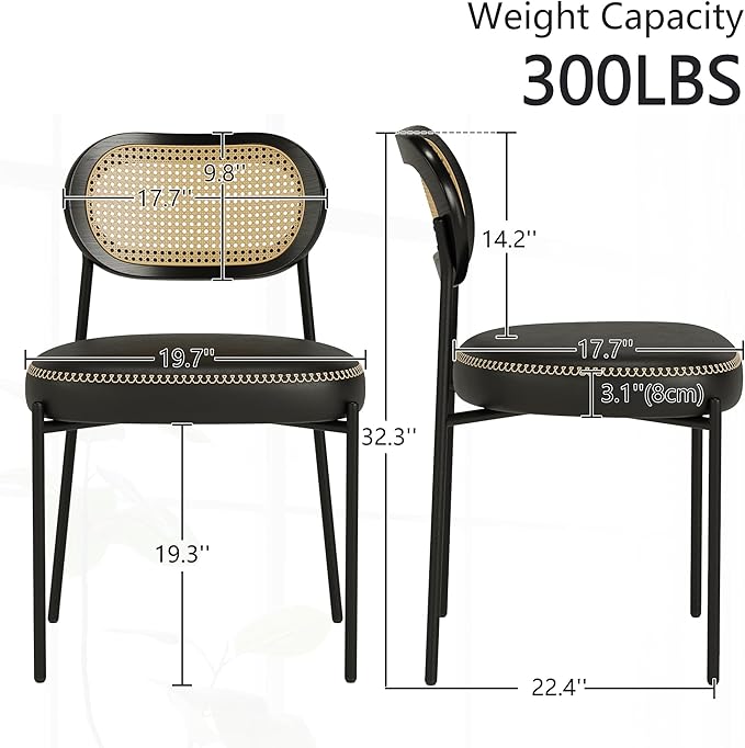 Rattan Dining Chairs Set of 4, Leather Upholstered Dining Chairs with Rattan Cane Back, Mid Century Modern Dining Room Chairs with Black Metal Legs & D-Shaped Thicken Cushion, Black