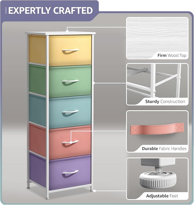 Sorbus Fabric Dresser for Kids Bedroom - Chest of 5 Drawers, Tall Storage Tower, Clothing Organizer, for Closet, for Playroom, for Nursery, Steel Frame, Fabric Bins - Wood Handle (Pastel)
