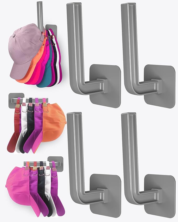 Hat Rack for Hat Storage, Multi-Purpose Hat Organizer (4-Pack), Strong Adhesive Hat Hooks for Wall, Hat Organizer for Baseball Caps, Two Mounting Options Hat Hook, Gray