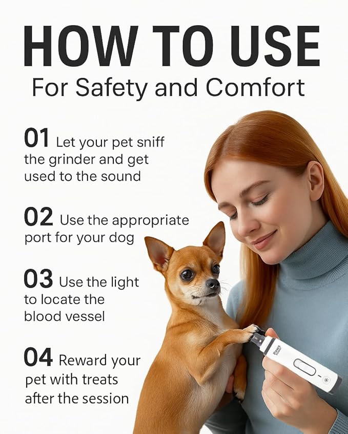 Dog Nail Grinder with LED Light – Quiet Pet Nail Trimmer for Dogs & Cats – 2-Speed Rechargeable Claw Grinder, 3 Ports for All Sizes – Electric, Low Noise, Safe Grooming Tool