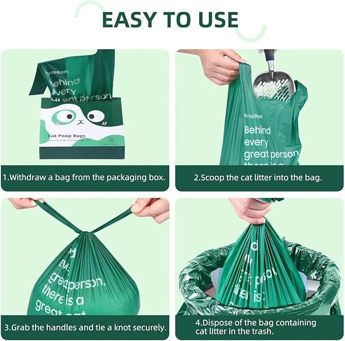 125 Count Cat Poop Bags with Handles, Disposable Litter Bags for Pet Poop, Extra-Thick Kitty Cat Waste Bags Easy Tie Leak-Proof Strengthen Unscented (Made of 70% Recycled Plastic)