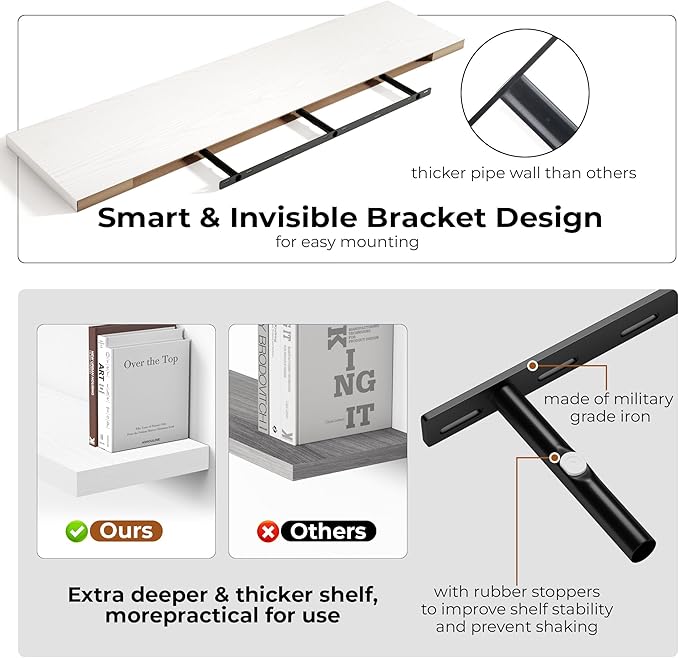 Fun Memories 55 Inch Floating Shelves for Wall, Fireplace Mantel Shelf with Invisible Heavy Duty Bracket, 8 Inch Deep Storage Shelf for Living Room, Kitchen, Farmhouse, White (2-Pack)
