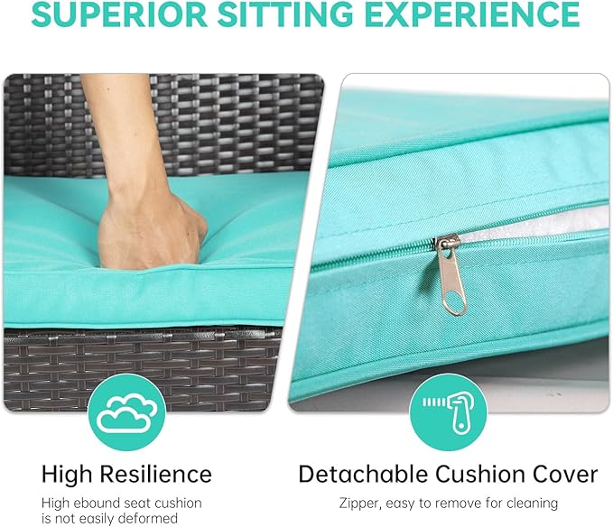 FDW Patio Furniture Set PE Rattan Patio Set Wicker Outdoor Furniture Bistro Set for Outdoor Indoor Use with Loveseats Coffee Table, Blue Cushions, 4 Pieces