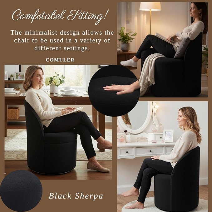 Modern Barrel Dining Chairs Set of 3, Swivel Base Black Sherpa Accent Chair 360°Rotating Mid-Century Dining Side Chair Kitchen Chair for Living Room, Bedroom, Home, Office, Kitchen
