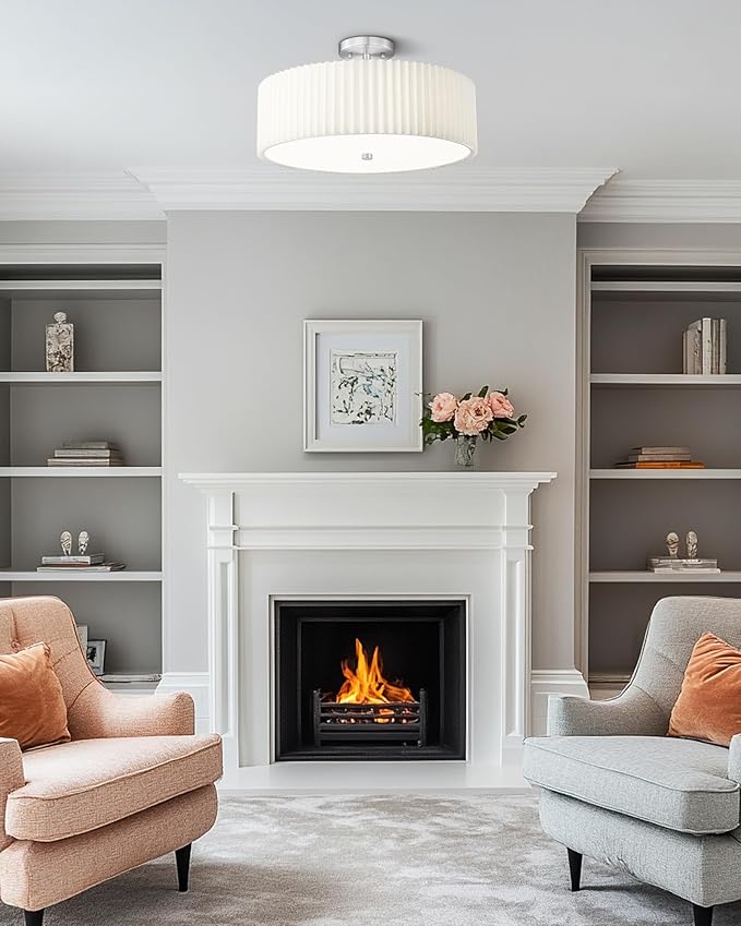 Semi Flush Mount Ceiling Lights, 4-Light 18" Ceiling Light Fixture with White Pleated Fabric Shade, Brushed Nickel Drum Lamp for Nursery Hallway Bedroom Kitchen, AD-25036-4SF-SN