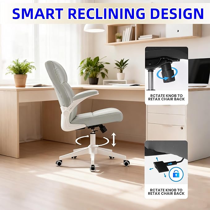 Computer Chair, Ergonomic Home Office Desk Chair with Space Saving Flip-Up Arms, 360° Swivel & Reclining Back, High-Back Executive Chair in Soft Faux Leather Chair Multi-Angle from 90° to 135°（Gray）
