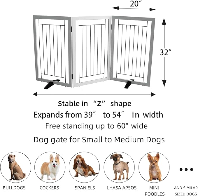 ZJSF Freestanding Dog Gate Indoor, Foldable Dog Fence for Doorways,Hallways or Stairs, Sturdy Wood Extra Wide Pet Gate with Support Feet,White,32 "Height-3 Panels