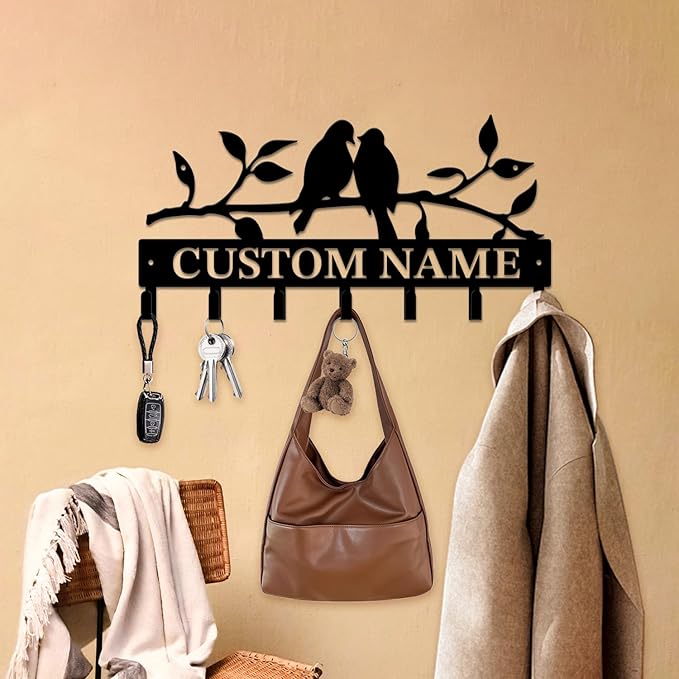 Personalized Custom Name Birds of Trees Wall Key Hooks,Metal Birds of Trees Art Clothes Hooks,Metal Birds of Trees Wall Home Storage Decorative,For Front Door, Hallway, Kitchen, Bedroom (Style D)