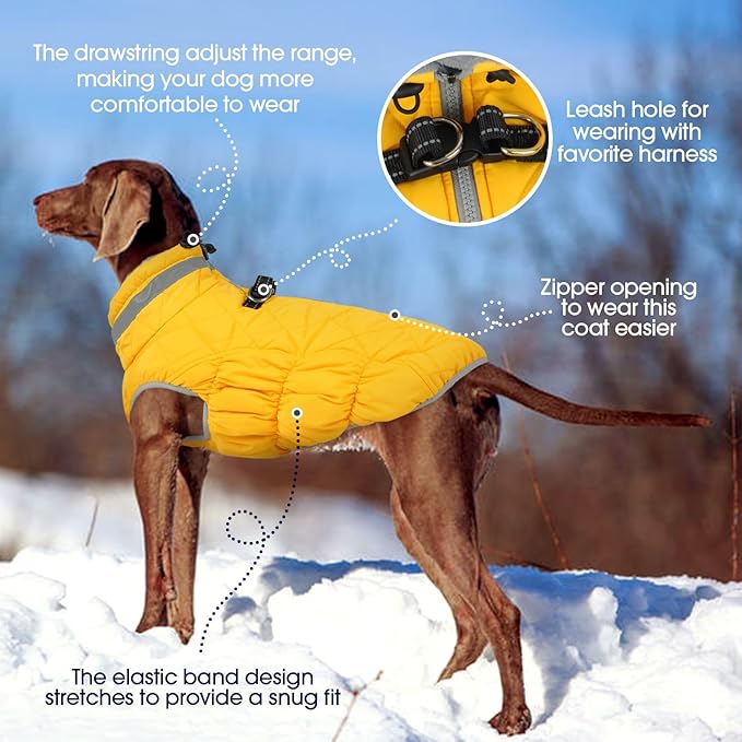 FUAMEY Dog Coat for Large Dogs,Waterproof Dog Winter Jacket with Harness Built in Puppy Cold Weather Coats Reflective Pet Vest with Zipper Warm Fleece Dogs Snowsuit Windproof Yellow 2XL