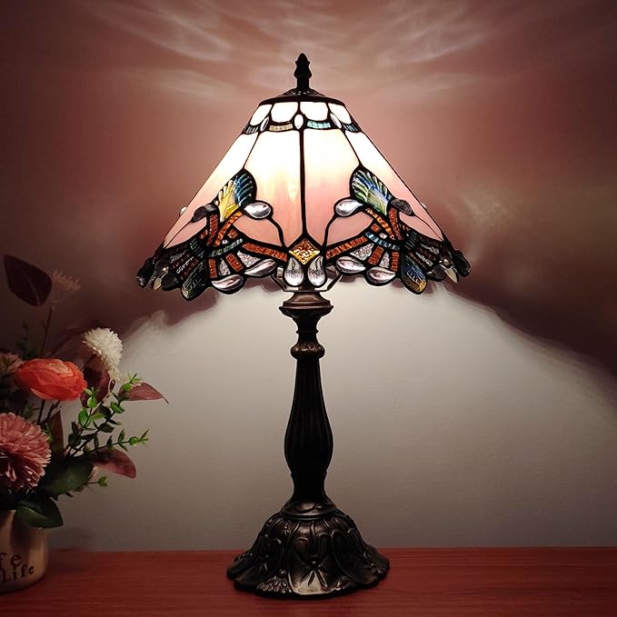 Tiffany Lamp Stained Glass Lamp 3 -Way Tiffany Style Antique Lamp Vintage Pink Baroque Style Bedside Table Light for Home Office (Included 3 Colors LED Bulb)