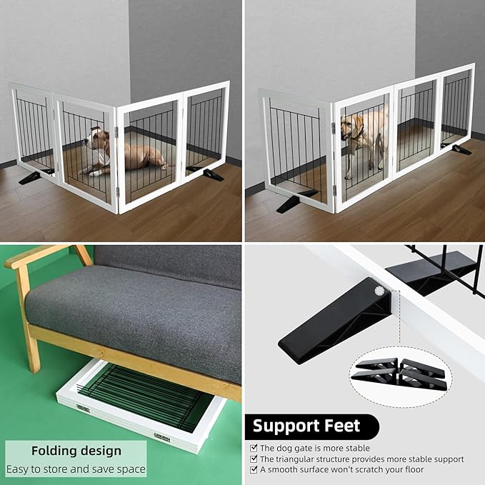 ZJSF Freestanding Dog Gate Indoor, Foldable Dog Fence for Doorways,Hallways or Stairs, Sturdy Wood Extra Wide Pet Gate with Support Feet,White,32 "Height-4 Panels