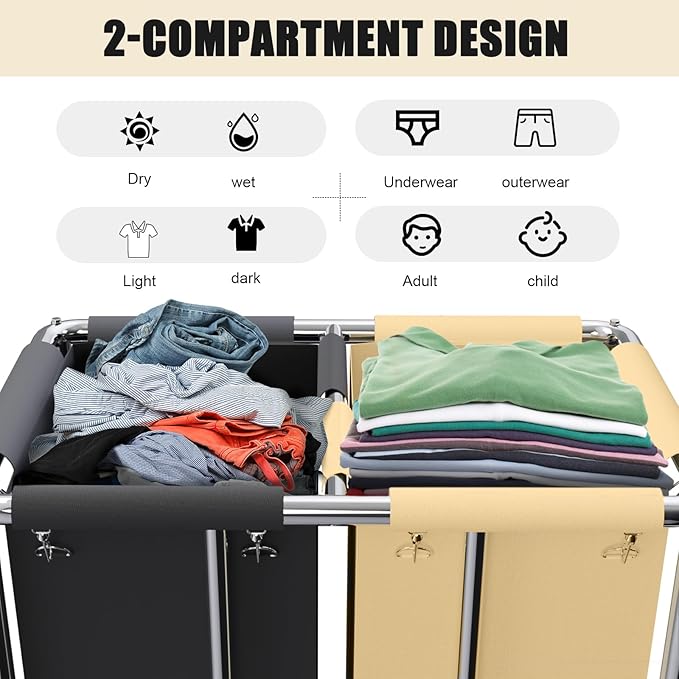 Commercial Laundry Cart with Wheels, 400L 2-Section Large Lanudry Hamper with Wheels, Heavy-Duty Rolling Laundry Cart with Silent Rubber & Waterproof Oxford Bags (Black Beige)