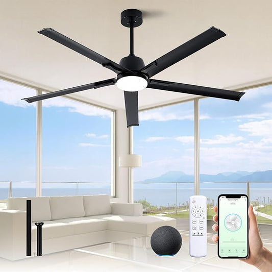 62 Inch Black Aluminum Ceiling Fan with Light,Smart ceiling fan with Alexa and APP(via WIFI),6 Speed,3CCT,Quiet DC Outdoor Indoor fan for patio and Living Room