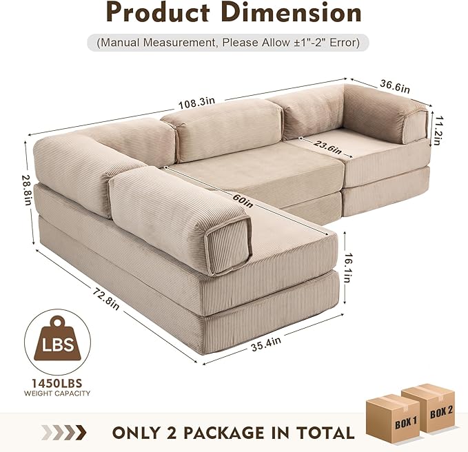 108" L Shaped Couch, Modular Sectional Sofa with Chaise, Cloud Boneless Couch with Deep Seat & Removable Pillow for Living Room, Bedroom,No Assembly Required（Camel）