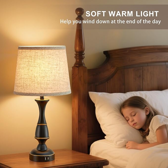 Luvkczc Touch Table Lamps Set of 2, 22" Tall Bedside Lamps with Dual USB A Ports, Dimmable Nightstand Lamps for Bedroom, Living Room, Office, Black Lamps with Beige Lampshade, Bulb Included