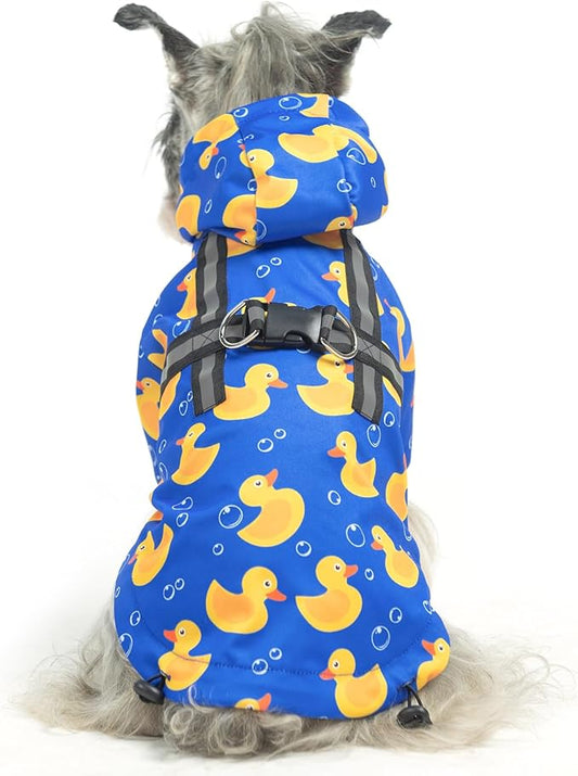 PUPTECK Dog Raincoat with Hood & Harness Built-in, Waterproof Dog Rain Jacket Slicker Poncho Reflective Vest Clothes for Rainy Snowy Winter Cold Days, Blue Duck M