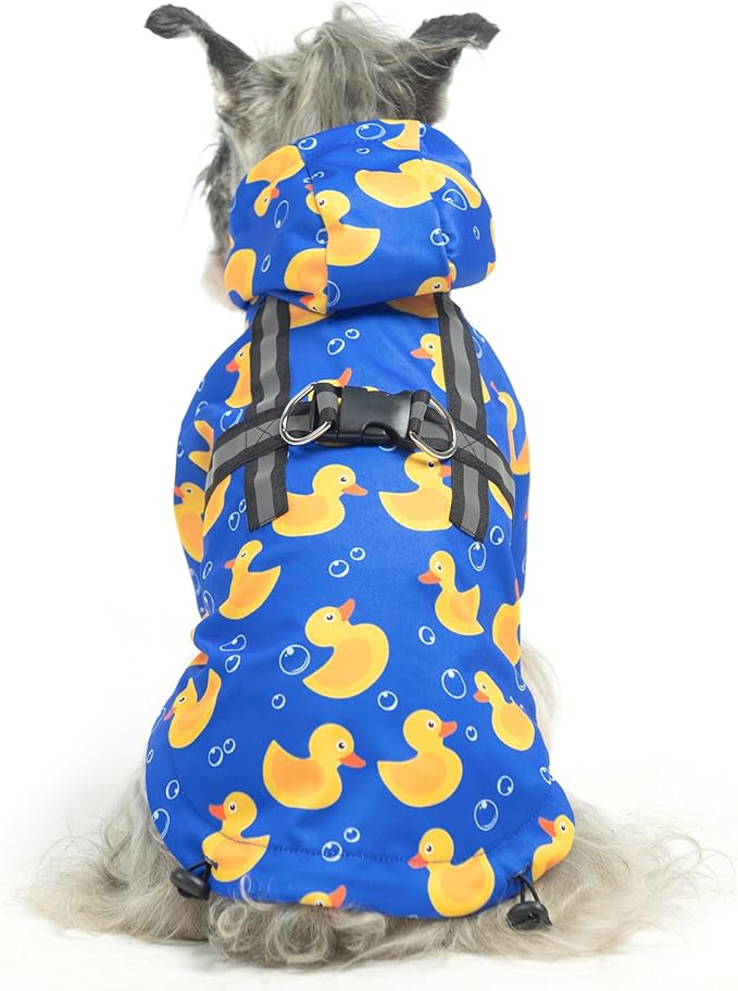 PUPTECK Dog Raincoat with Hood & Harness Built-in, Waterproof Dog Rain Jacket Slicker Poncho Reflective Vest Clothes for Rainy Snowy Winter Cold Days, Blue Duck L