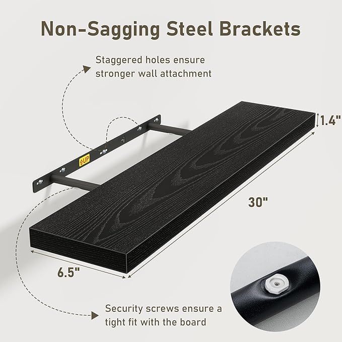 Fun Memories 30 Inch Floating Shelves Set of 3, Farmhouse Black Wall Shelves for Kitchen, Living Room, Wall Mounted Bathroom Shelves in Black, 30 x 6.7 x1.4 Inch