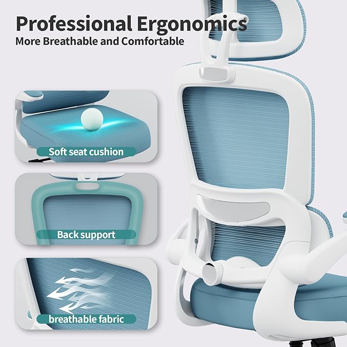 TRALT Office Chair Ergonomic Desk Chair, 330 LBS Home Mesh Office Desk Chairs with Wheels, Comfortable Gaming Chair, High Back Office Chair for Long Hours (Sky Blue)