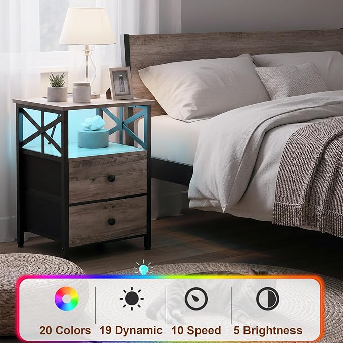AMHANCIBLE Night Stand Set 2, LED Nightstand with Charging Station, End Tables Living Room with Fabric Drawers, Bedside Table for Bedroom, Greige, HET052LGY