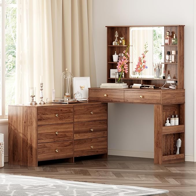 Makeup Vanity Desk with Mirror and Lights, Vanity Desk with 8 Drawers & Storage Shelves, Vanity Table with Power Outlet, 3 Color Modes & Adjustable Brightness Dressing Table, Bedroom,Brown
