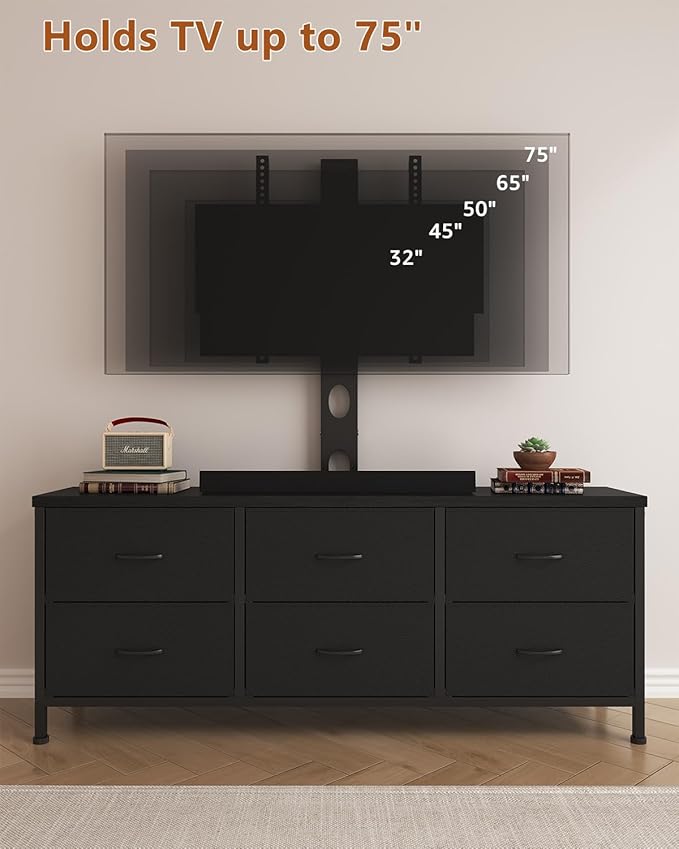 TV Stand with Mount, Fabric Dresser with 6 Drawers for 32/45/55/60/65/75 inch TVs, Black Dresser Entertainment Center, Modern Media TV Console Table